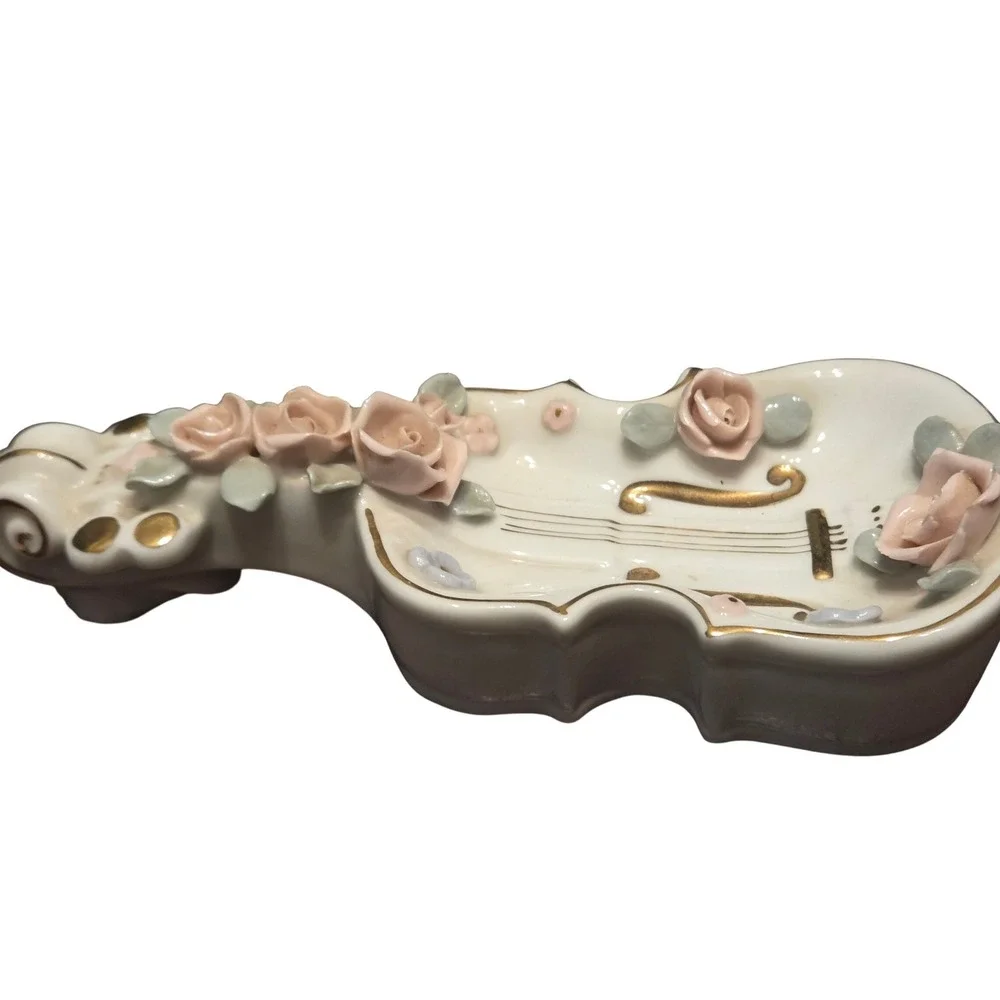 Lefton China Violin Trinket‎  Ivory Pink Gold Floral Vintage Rose